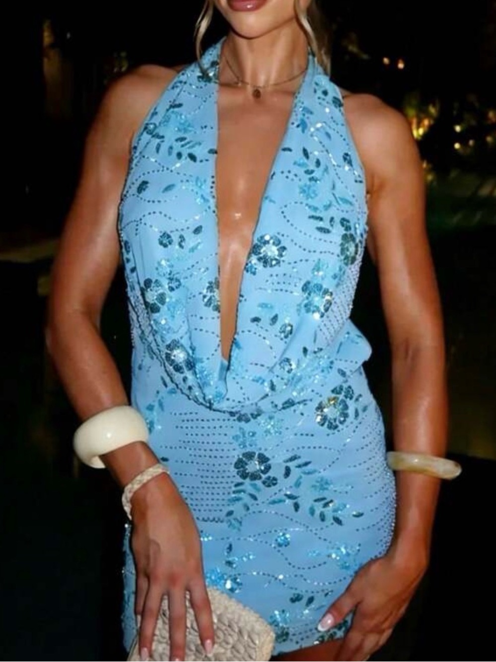 Light Blue Beaded/Sequin Halter Dress